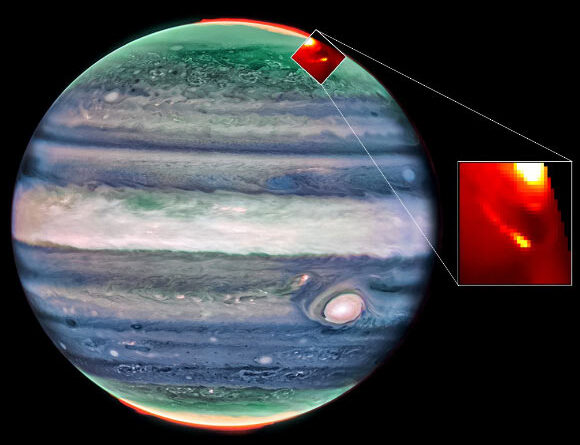 Webb Captures Io’s and Europa’s Auroral Footprints in Jupiter’s Atmosphere