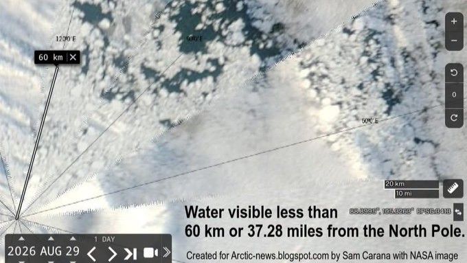 ‘A worrying snapshot’: Satellite image shows large patches of open water less than 40 miles from the North Pole
